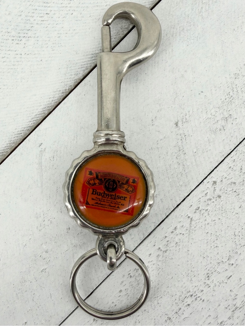 Vintage Budweiser Beer Bottle Cap Snap Hook Keychain Clip Bottle Opener Tool